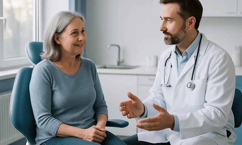 Dentist consulting with an older female patient in a modern clinic.
