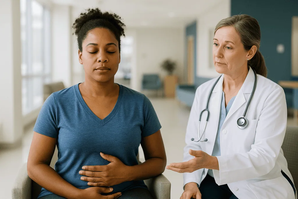 Doctor consulting patient about abdominal or digestive concerns: Can you flush cortisol out of your body?