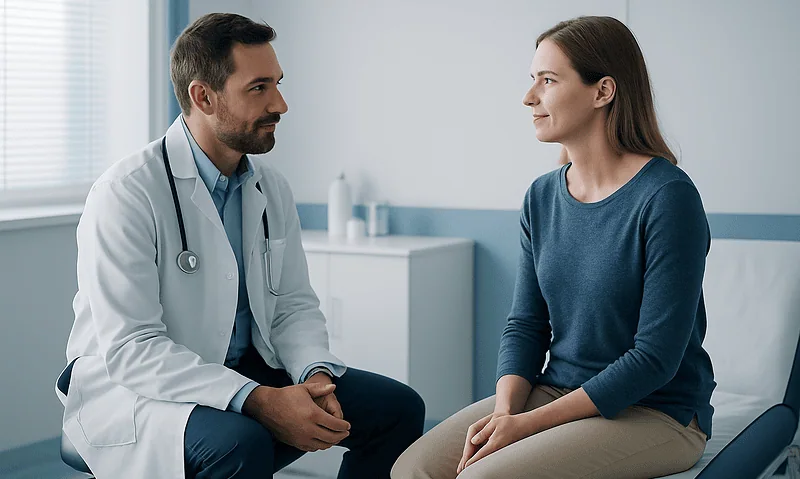 Doctor consulting with a female patient in a medical office.