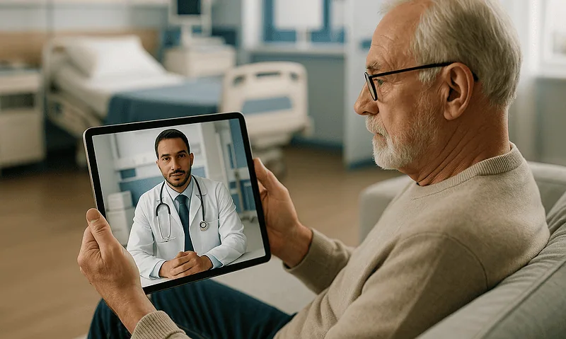 Elderly man consulting with doctor via tablet in hospital room.