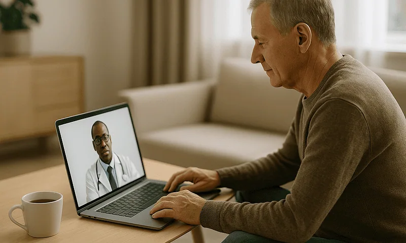 Senior man consulting with doctor via video call on laptop in living room.