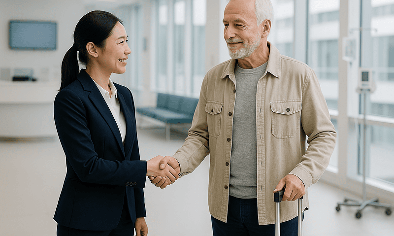 Patient shaking hands with doctor in hospital corridor.