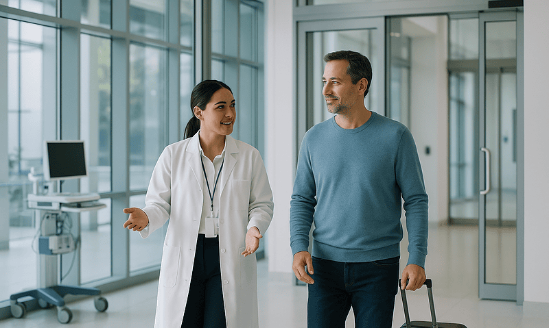Doctor and patient smiling in hospital corridor with luggage.