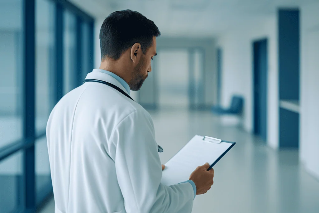 Can You Fly With a Hernia? (And After Hernia Surgery) 1 Doctor reviewing patient notes in hospital corridor.