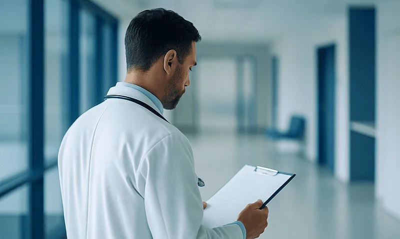 Doctor reviewing patient notes in hospital corridor.
