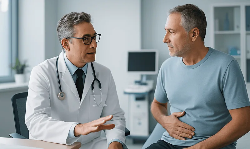Doctor consulting with a male patient about hernia concerns in a medical office.