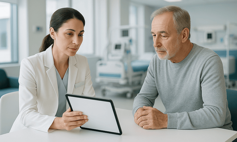 Doctor consulting with an elderly patient using a tablet in a hospital setting.