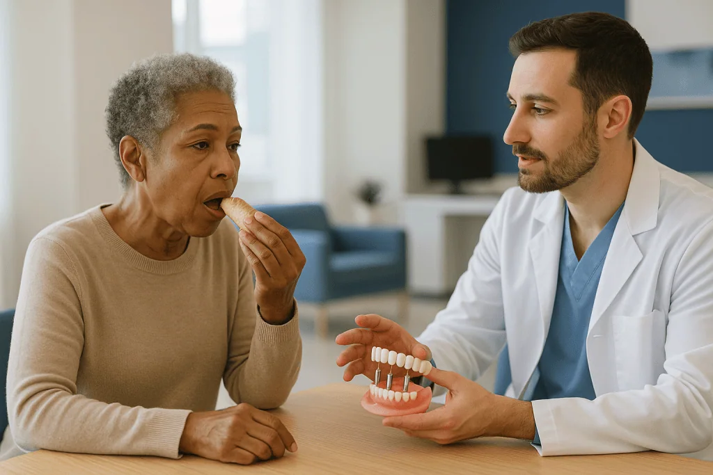 Dentist consulting senior patient about dental implant model: Can you get All-on-4 without bone graft? Where the bone usuall