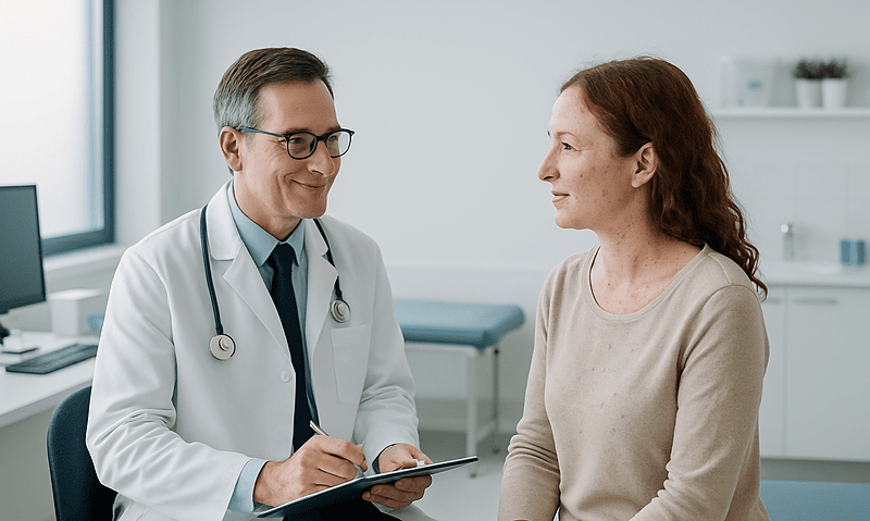 Doctor consulting with a female patient in a medical office setting.
