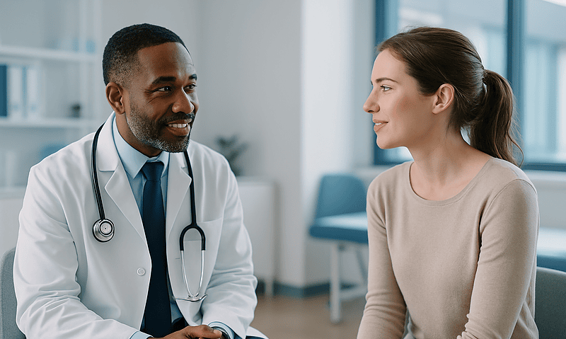 Doctor consulting with a female patient in a modern clinic setting.