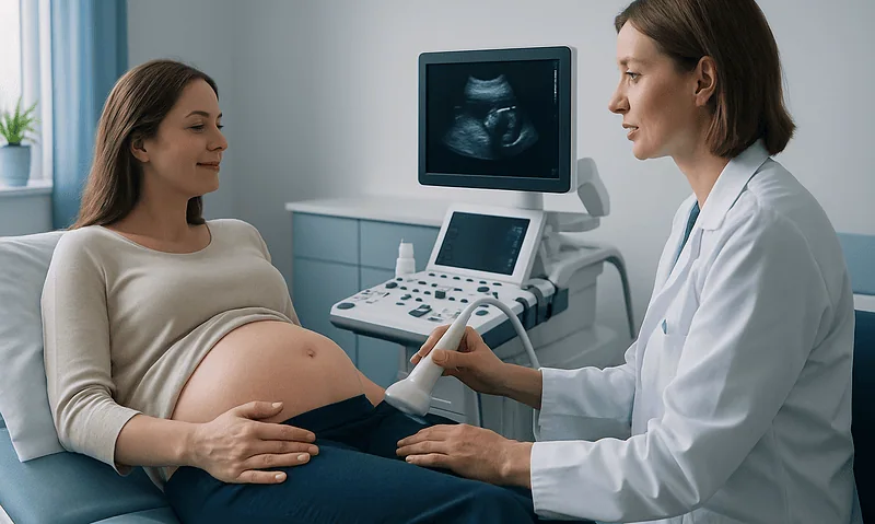 Pregnant woman having ultrasound scan at a medical clinic.
