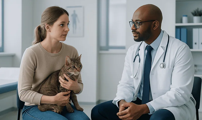 Veterinarian consulting with a woman holding a cat in a clinic setting.