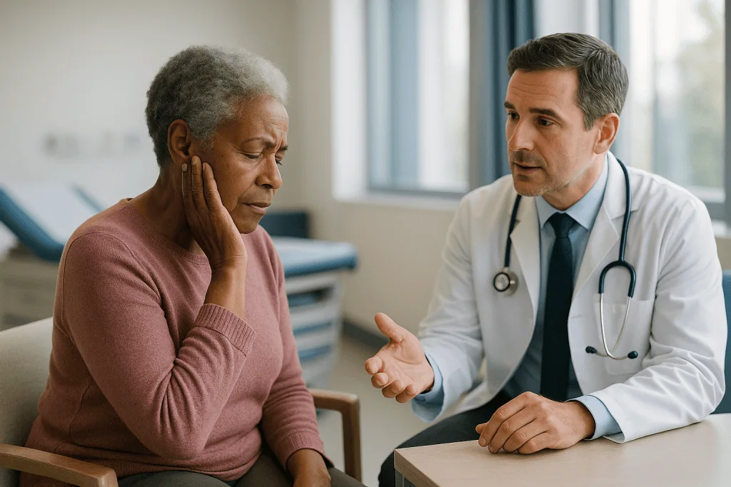 Doctor consulting with senior patient in clinical office: Can you go completely deaf with otosclerosis?