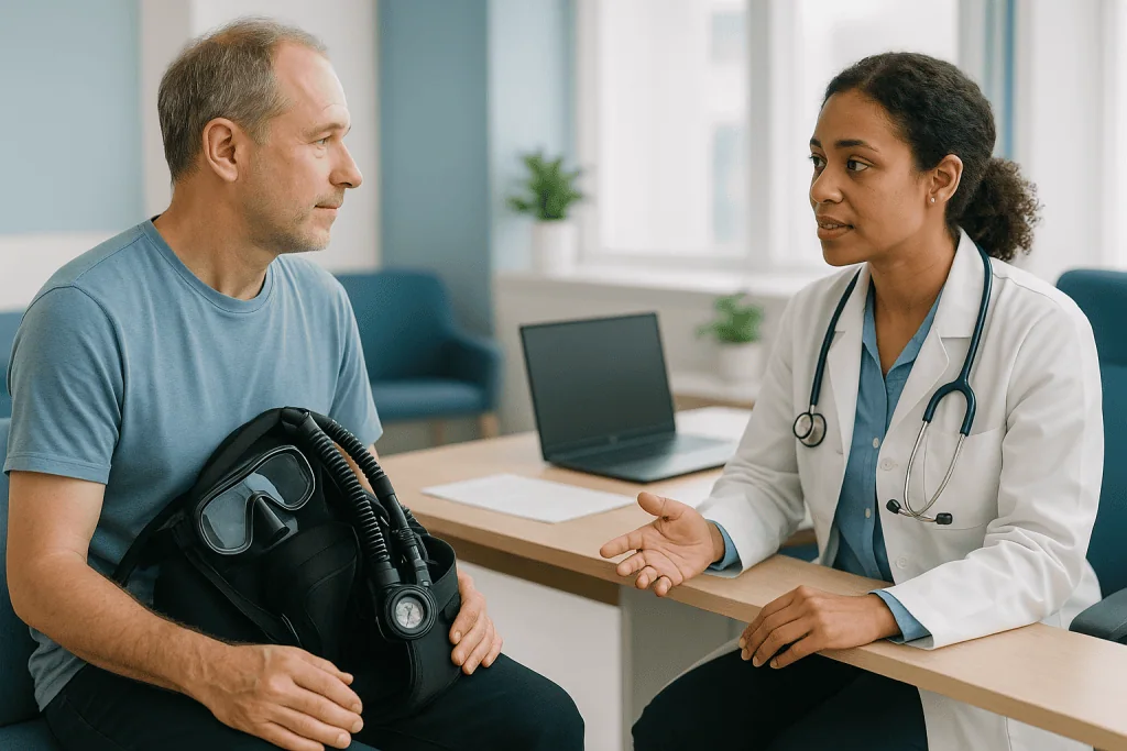 Doctor consulting patient holding diving equipment: Can you go diving after a pneumothorax?