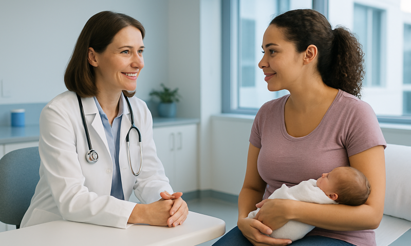 Doctor consulting new mother with her baby in a hospital setting.