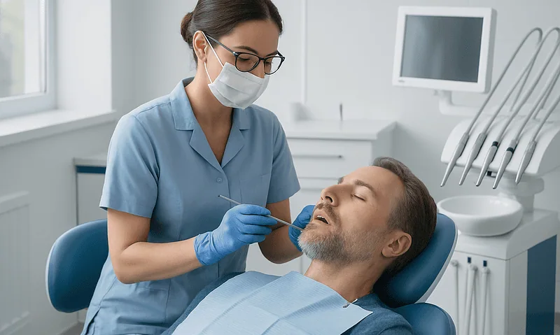 Dentist performing oral exam on patient in dental clinic.