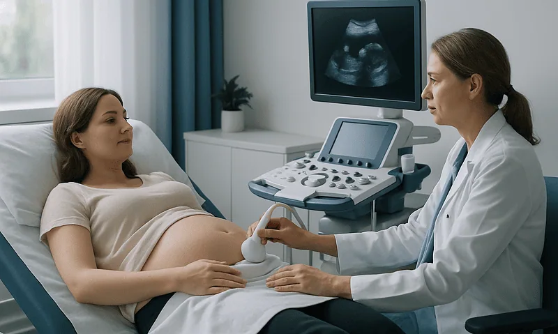 Pregnant woman having an ultrasound scan in a hospital room.