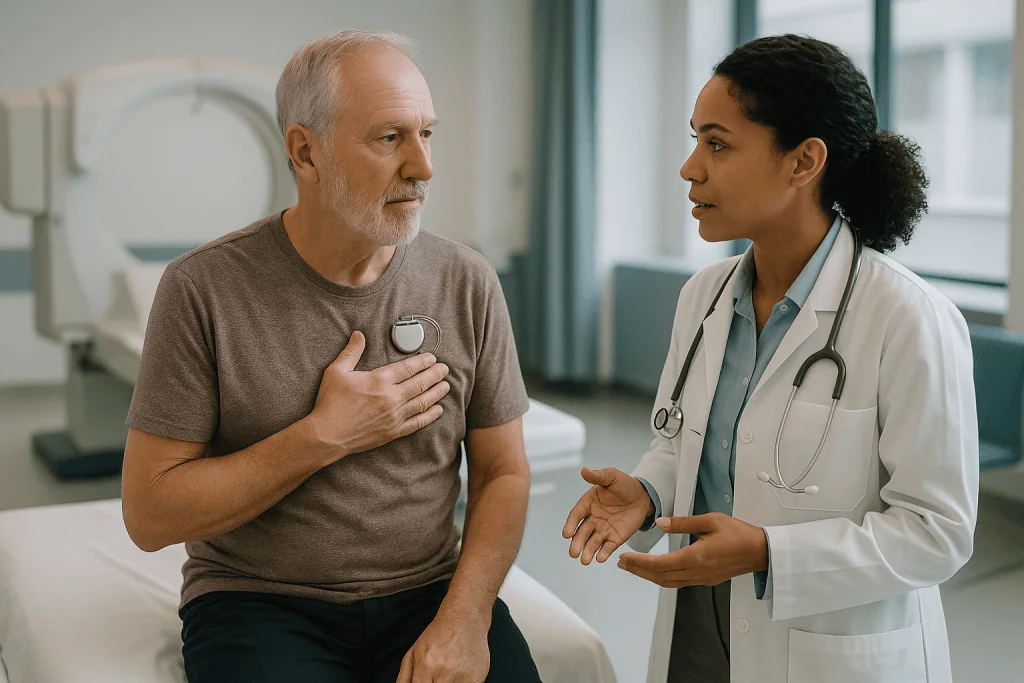 Doctor consulting with male patient about chest symptoms: Can you have ESWL with a pacemaker? The honest answer is usually y