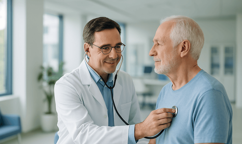 Doctor examining senior patient with stethoscope in hospital.