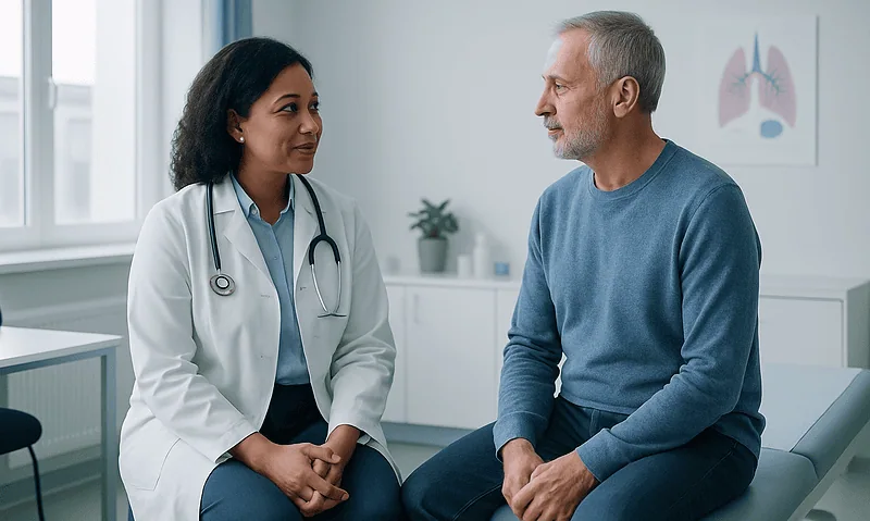 Doctor consulting with a male patient in a hospital room.