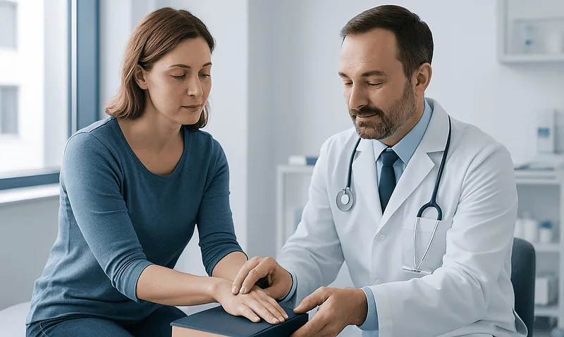 Doctor examining wrist cyst with patient in medical consultation room.