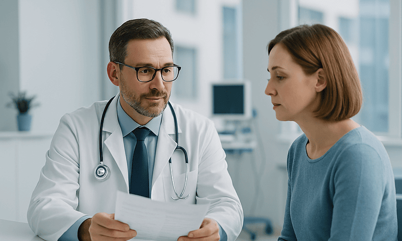 Doctor consulting with a pregnant woman in a medical office.