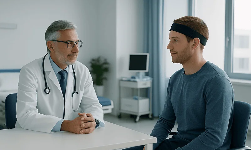 Doctor consulting with a young male patient in a medical office.