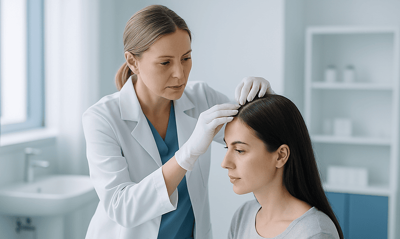 Doctor examining woman's scalp for hair loss treatment at clinic.