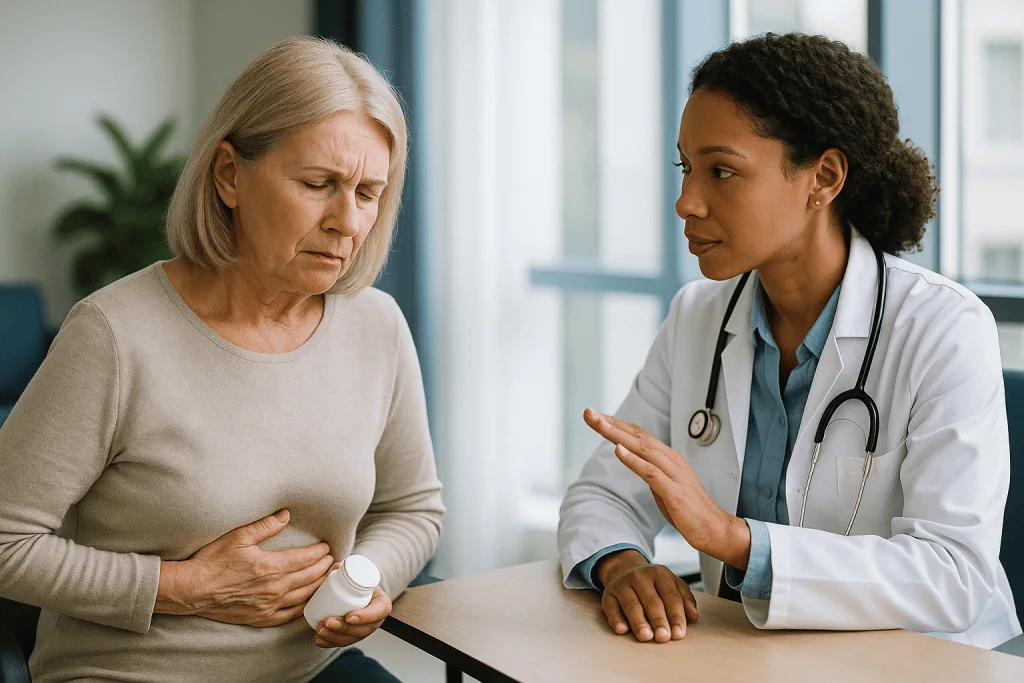 Doctor consulting older patient about medication: Can you take NSAIDs with a stomach ulcer? Who is usually asked to wait