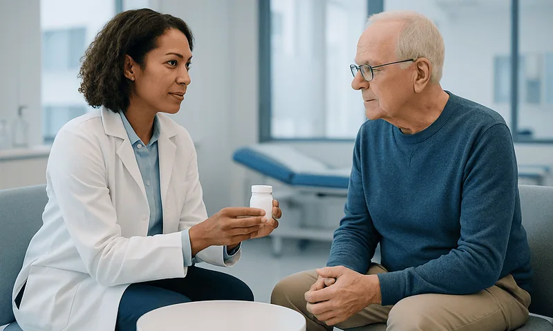 Doctor explaining medication to elderly patient in clinic setting.