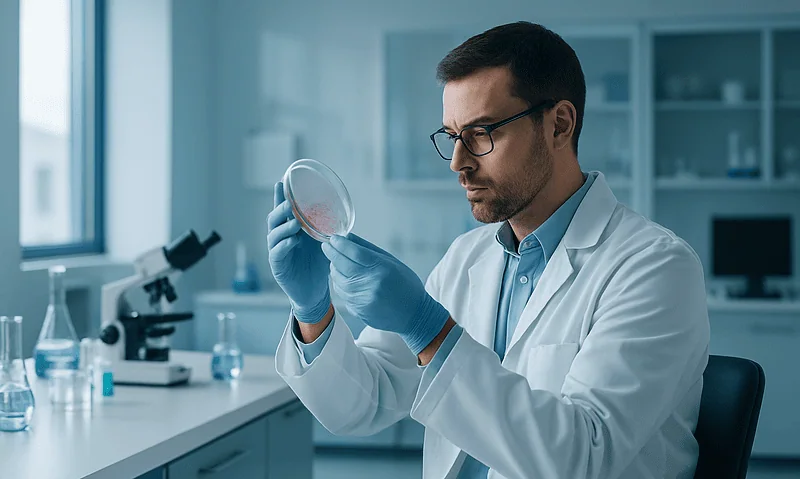 Research scientist examining a petri dish in a laboratory setting.