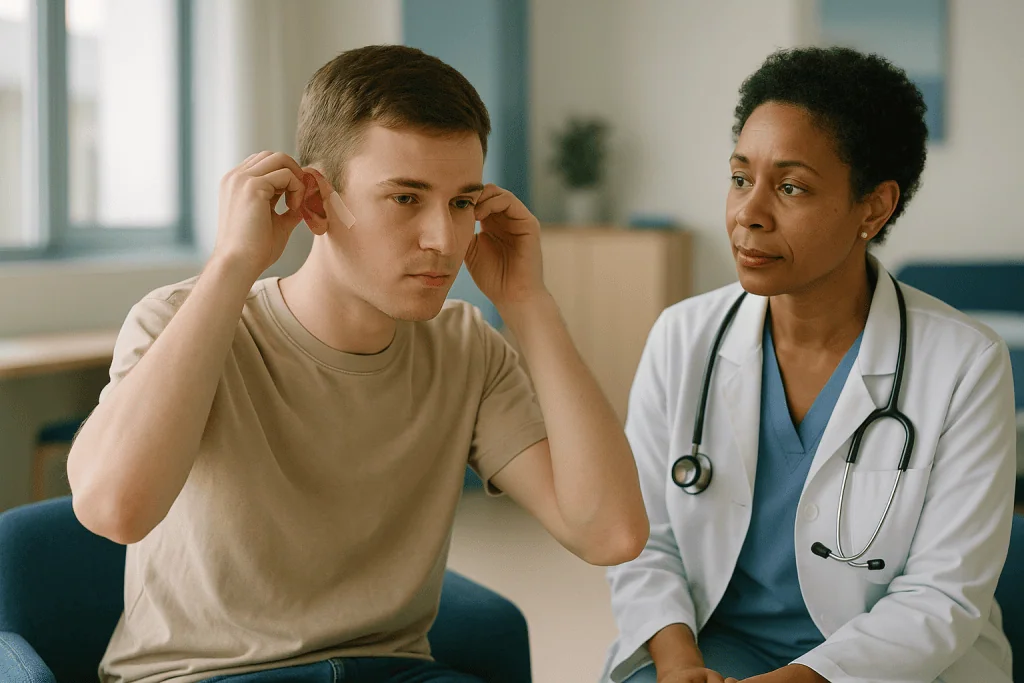 Doctor consulting with male patient about ear concern: Can you train your ears to not stick out with tape, glue or headbands
