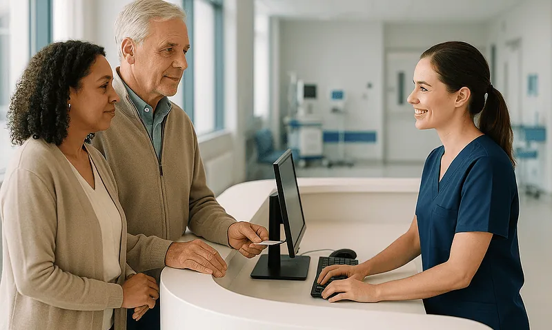 Patients consulting with a healthcare professional at Acibadem Hospital reception desk.
