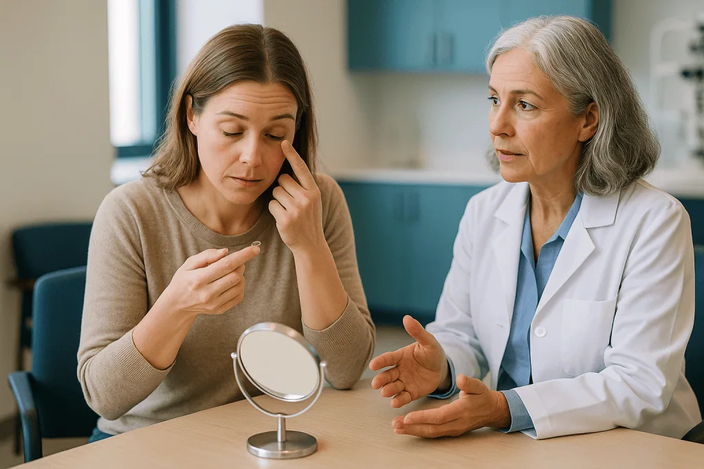 Female patient discussing eye concerns with female physician: Can you wear contact lenses with dry eyes?