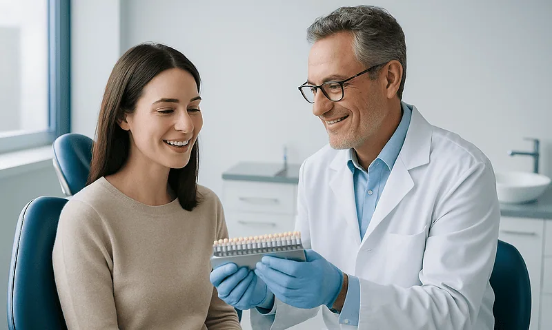 Dentist showing dental veneers options to a patient in a clinic.