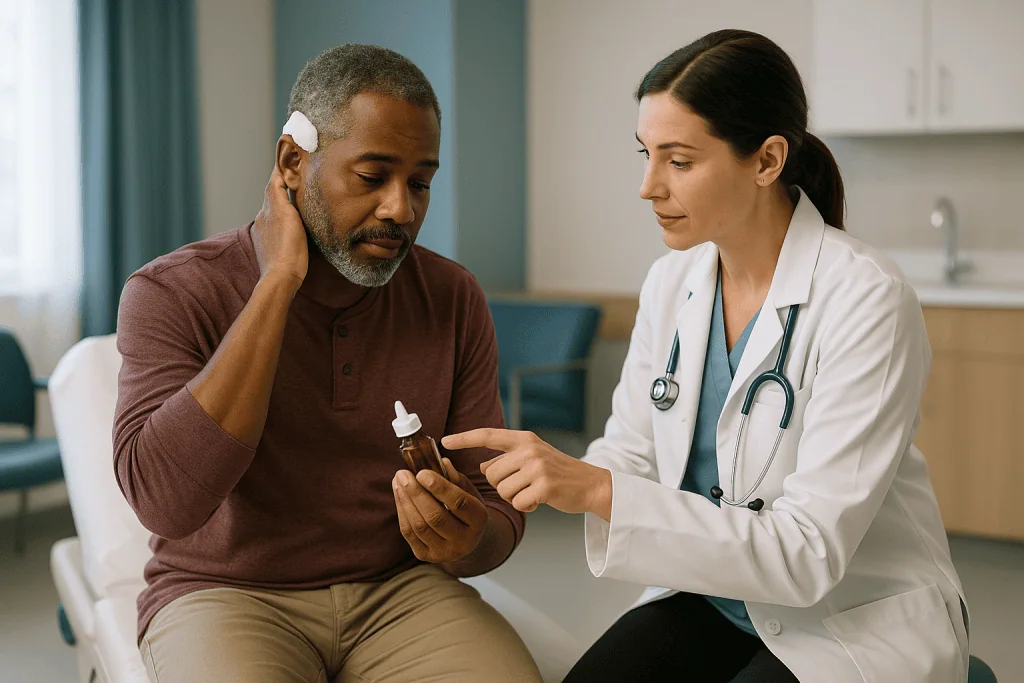 Doctor consulting patient about ear medication or drops: Canal wall up or canal wall down: how the type of operation shapes 