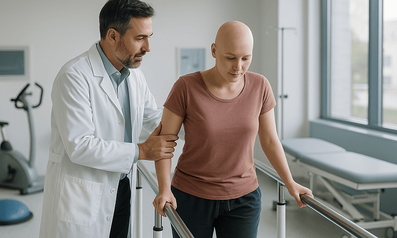 Doctor assisting a patient with mobility in a hospital setting.