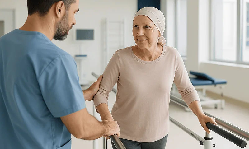 Cancer patient receiving support from healthcare professional in hospital.