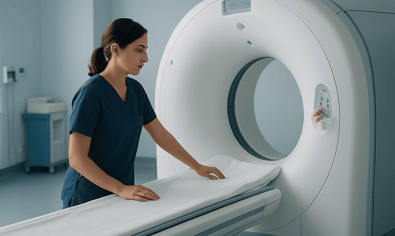 Medical technician preparing MRI scan in a modern hospital setting.