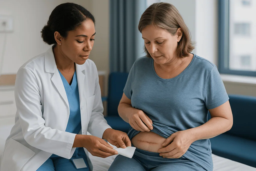Doctor examining patient abdomen in clinical setting: Cancer surgery wound care: what a healing incision should look like