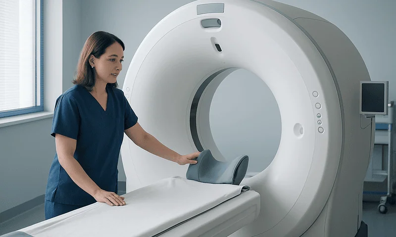 Medical technician prepares MRI machine for patient scan at Acibadem Hospital.