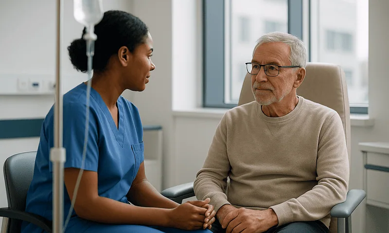 Doctor consulting with an elderly male patient in a hospital room.