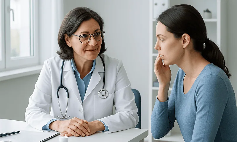 Doctor consulting with a young woman patient in a medical office.