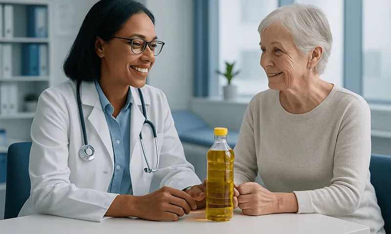 Doctor consulting elderly woman about health with a bottle of oil.