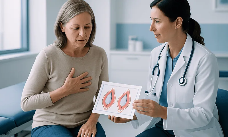 Doctor explaining breast implant diagrams to a patient in a clinic.