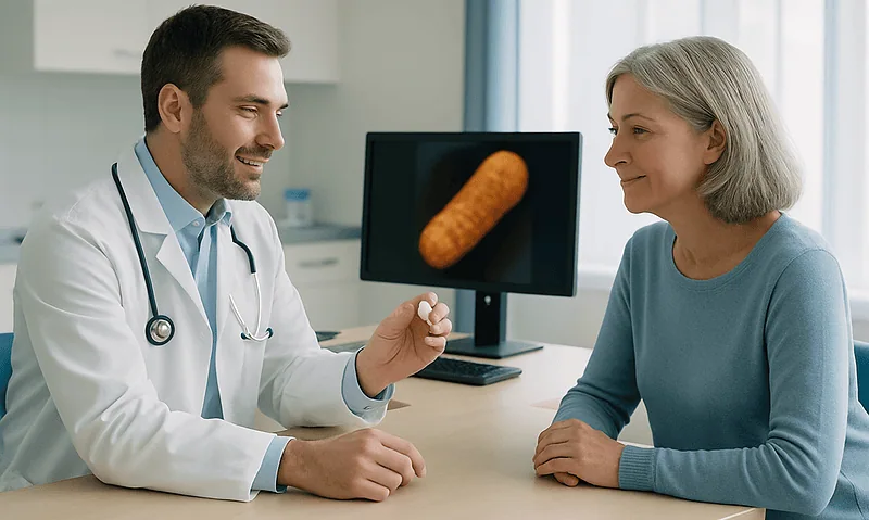 Doctor explains capsule endoscopy process to an elderly woman in a clinic.