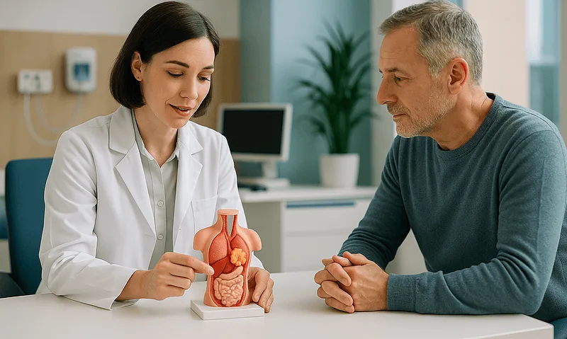 Doctor explaining prostate cancer to patient with anatomical model.