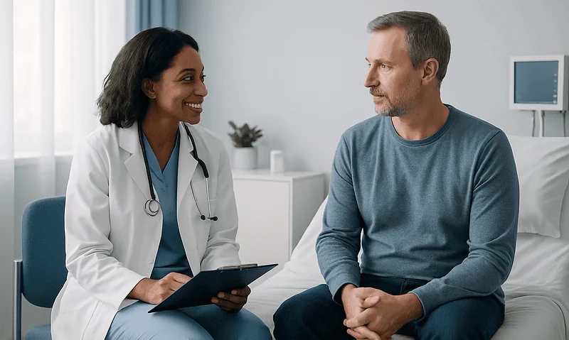 Doctor consulting with male patient in hospital room.