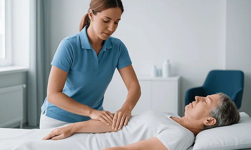 Nurse providing care to elderly patient in hospital room.