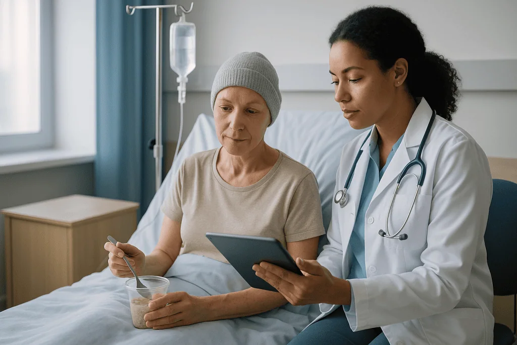 Doctor consulting patient on tablet in hospital room: CAR T recovery timeline at a glance